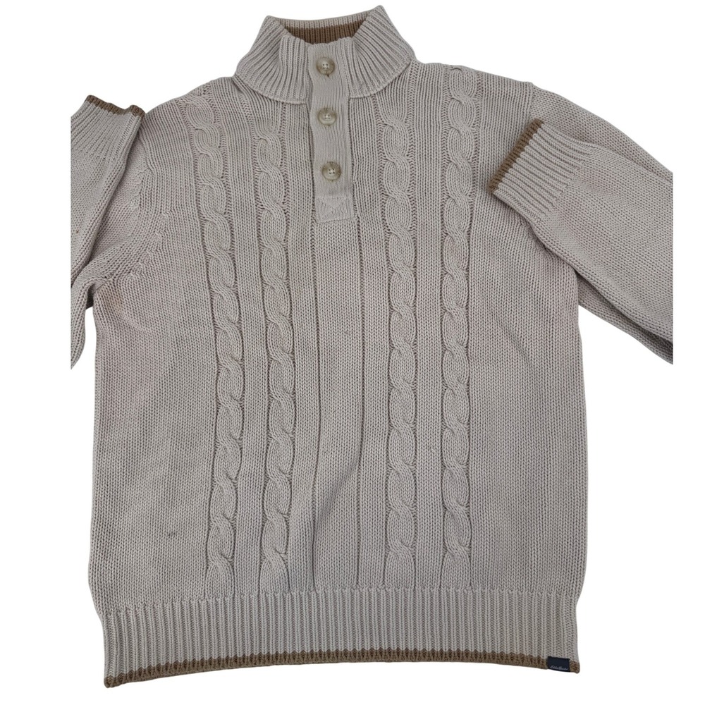 Eddie Bauer Fishermans Sweater Large Mens Cable Knit Mock Neck Button Beige